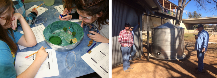 Left: Students in Miami, OK learned about extreme weather preparedness. Right: Installed rainwater harvesting system in San Angelo, TX.