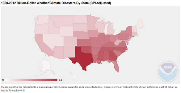Figure 1: Billion-Dollar Weather/Climate Disasters by State, 1980-2012 (Source: NOAA NCDC)