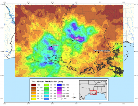 Total storm rainfall isohyets generated by the Storm Precipitation Analysis System (SPAS) across southern Louisiana during August 10-14, 2016 (Brown and Keim, 2020).