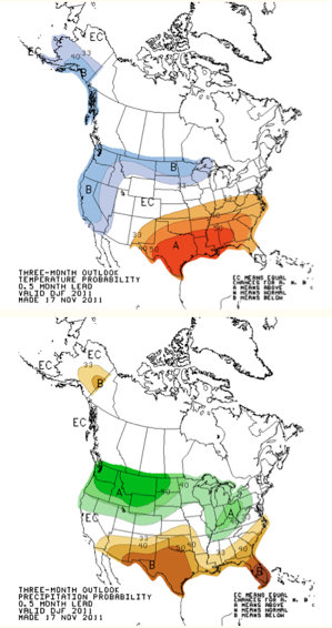 Figure 1: Winter (December through February) forecast for temperature (top) and precipitation (bottom) by the NOAA’s Climate Prediction Center http://www.cpc.ncep.noaa.gov/products/predictions/long_range/seasonal.php?lead=1.