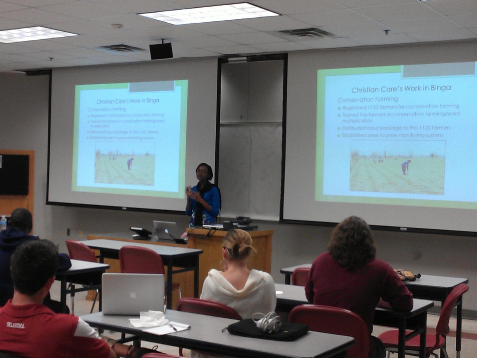 Image:Â Xolile Ncube discusses her work during a University of Oklahoma Department of Geography and Environmental Sustainability seminar.